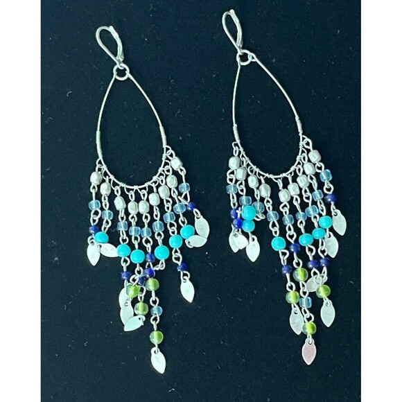 Dangle Earrings Loop Chandelier Blue Beaded Drop Silvertone Boho Hippie Festival - Picture 2 of 2